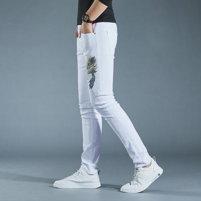 Light Luxury Men S Street Fashion กางเกงยีนส์สีขาว,Slim-Fit High Quality Eagle Printing Denim Pants ,Trendy Casual Jeans;