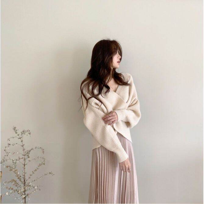 korean-cross-loose-long-sleeve-sweater-sexy-v-neck-solid-color-sweater