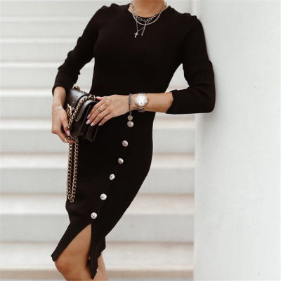 Womens Dress Autumn Winter Hip Dress Sexy Slit Party Buttons Long Sleeve Basic Bodycon Elegant Knitted Ladies Midi Dresses Robe