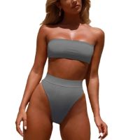 【cw】 Womens 2 Piece Set Strapless Bandeau Removable Swimsuit Waist Thong Color Bathing