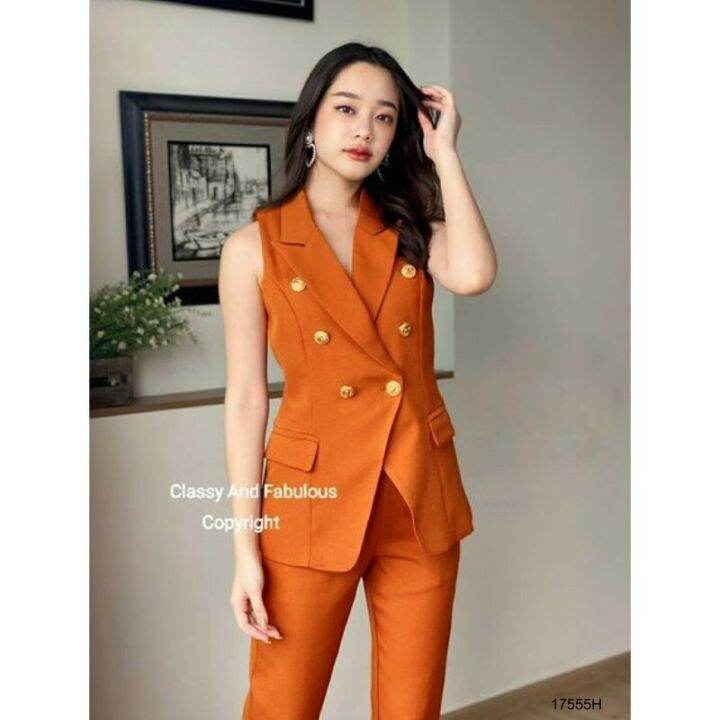 Garden Clothes ชุดเซ็ท SET 2 ชิ้น เสื้อสูทแขนกุด + กางเกงขายาว สีส้มอิฐ