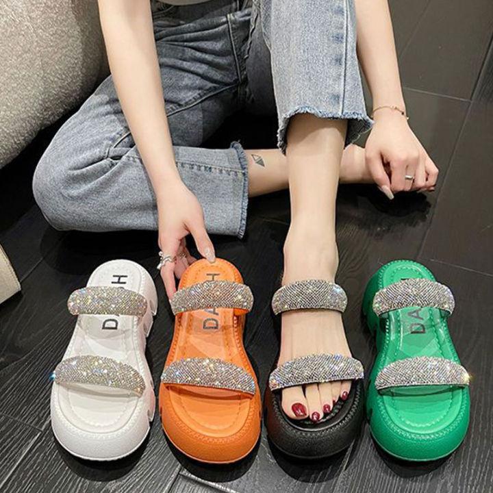 renben-รองเท้าแตะมีส้นผู้หญิงสวมพลอยเทียมแฟชั่นเพื่อยกระดับด้านล่างของมัฟฟินด้วยรองเท้าแตะ