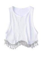 High Street Sexy Hem Tassel Diamond Beading Knitting T Shirt Chic Short Camis Tank Lady Slim Crop Vest Tops