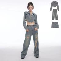 Jacket Suit Hot Girl Short Skirt Street Destruction Jeans Early Autumn 2022 New Style Irregular Hem Washed Denim