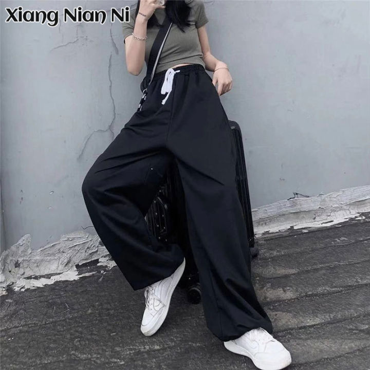 xiang-nian-ni-ผ้าฝ้ายหลวมกางเกงลำลองผู้หญิงตรงหลอดกางเกงขากว้างหลวมกีฬาเอวสูง-bf-กางเกง