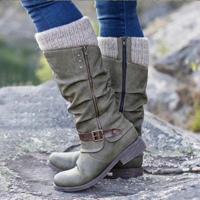 2021 Women Winter Buckle Lace Knitted Mid-calf Boots Low Heel Round Toe Boots Top Quality Winter Warm Boots Women Botas De Mujer