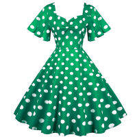 KKWomen ชุดฤดูร้อนแขนผีเสื้อ50S Swing Vintage Dresses Robe Femme Elegant Green Polka Dot Party Sundress Jurkenq11