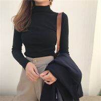 【Ready Stock】Women White Autumn Tee Solid Color Turtleneck Long-sleeved T-shirt Slim Ladies Warm Clothes Tshirt Tops