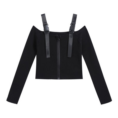 Suspenders Slash Neck Black Crop Tees Tops Women Long Sleeve Streetwear Zipper Party Club Bar T Shirt  Sexy Slim Y2K Mujer