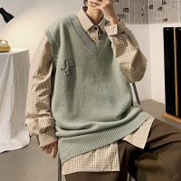 Spring Mens Trendy Dinosaur Sweater Embroidered Loose V-neck Sweater Vest Woman Casual Streetwear Tops Clothing argyle