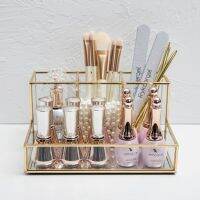 Clear Glass Makeup Organizer Cosmetic Organizer with Golden Covered Edge Jewelry Makeup Container Case Lipstick Organizer