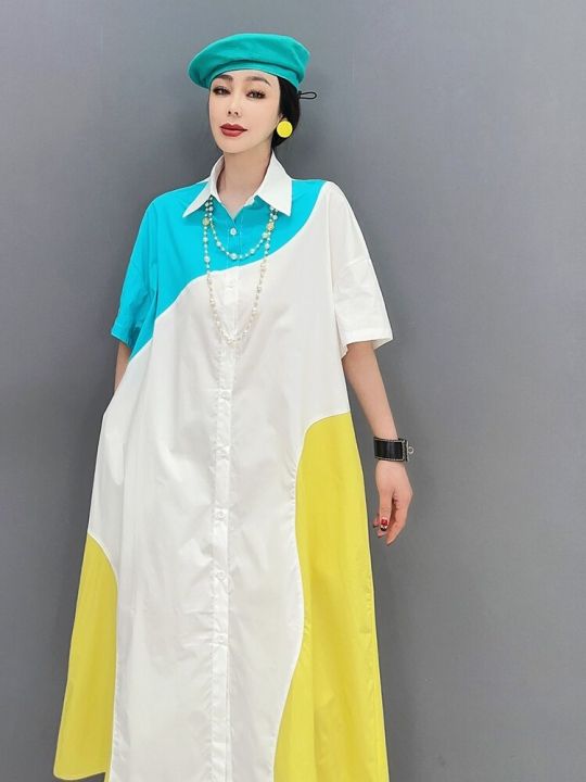 xitao-shirt-dress-casual-loose-fashion-contrast-color-women-shirt-dress