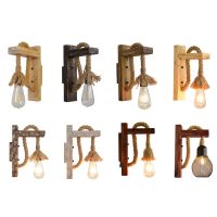 E27 American Style Pastoral Rope Wall Lamp Vintage Wooden Wall Light for Restaurant Coffee Shop Decor(Without Bulb)