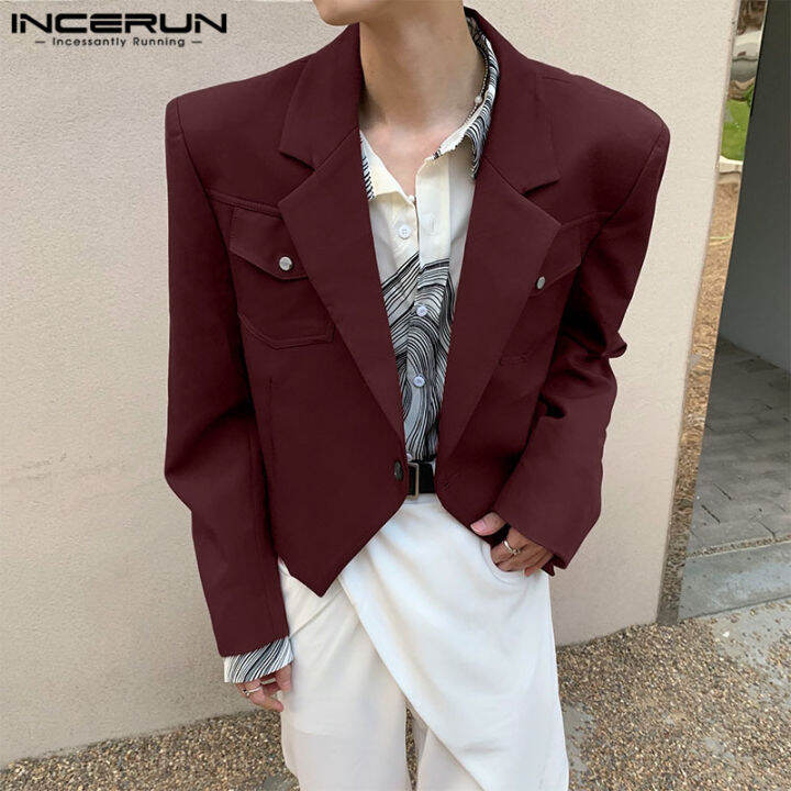 incerun-เสื้อสูทแขนยาวสำหรับผู้ชายสั้นติดกระดุมปกปกปกหน้าทางการแบบไม่สม่ำเสมอเสื้อแจ็คเก็ตแนวธุรกิจ-สไตล์เกาหลี