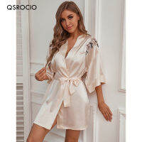 QSROCIO Summer Womens Pajamas Embroidered Floral Robe Sleepwear Silk Like Lady Bathrobe Home Clothes y Nightwear Femme