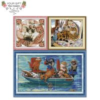 Joy Sunday Animal Home Decor D769D770D771 Sleepy Cat And Oil Painting Fishing Cats Needlework Handcraft Cross Stitch Kit