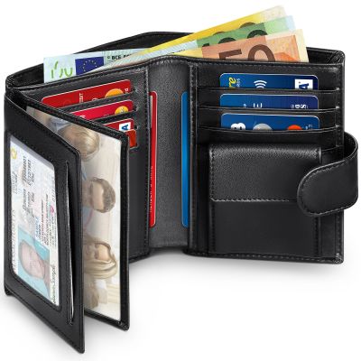 【JH】Men Genuine Leather Wallet Business Purse RFID Card Holder Transparent Windows Bank Note Coin Compartment Black