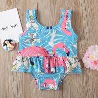 [COD] swimsuit one-piece baby girl fresh flamingo print bikini sleeveless ruffled