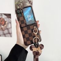 ∋♗▩ Checkerboard Leather Folding Screen Protective Cover Mickey Pendant Case For Oppo Find N2 Flip 5G Cover Find N2Flip Case