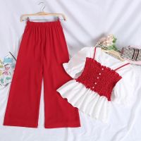 COD DSFERTGERRYYY 2PCS/Set WomenS Chiffon Suit Fashion Wide Leg Pants Loose Stitching Fake Two Short-Sleeved Blouse