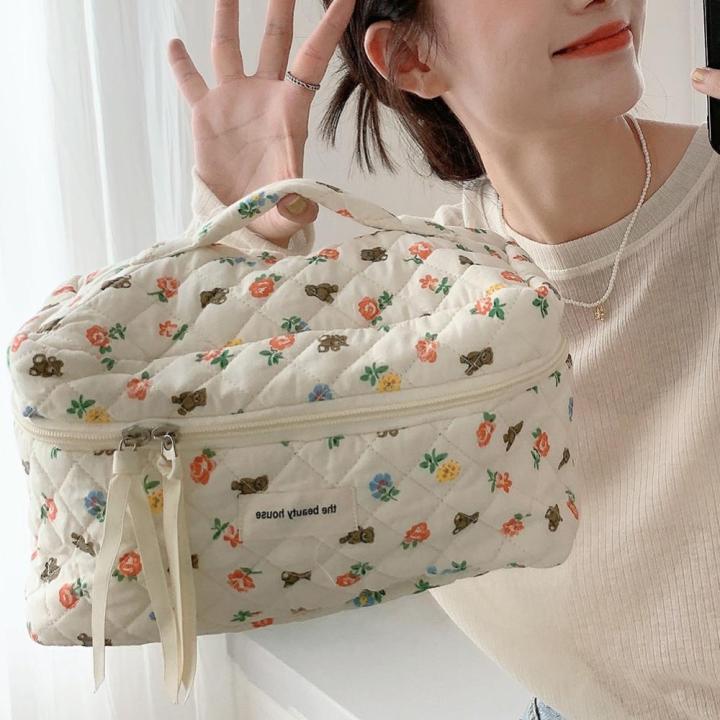 กระเป๋าถุงเครื่องสำอางผ้าฝ้ายลายหมีลายการ์ตูนน่ารักกระเป๋าเครื่องสำอางมีซิปกระเป๋าเก็บของสวยงาม