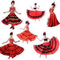 2021 High Quality Satin Soft Red Black Teenager Girls Spanish Flamenco Skirt Striped Bling Ballroom Stage Wear Performance Dress