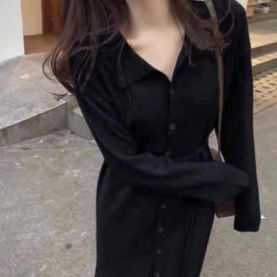 SHIJIA Casual Basic Knitted Pullover Dress Woman Single-breasted Laca-up Elegant Long Sweater Dress Female Autumn Winter