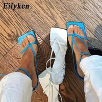 Eilyken รองเท้าแตะสำหรับผู้หญิง,แฟชั่นใหม่รองเท้าแตะสายรัดแคบเปิดนิ้วเท้าสี่เหลี่ยมสำหรับ2023รองเท้าสตรีส้นสูงมีสายรัดฤดูร้อน