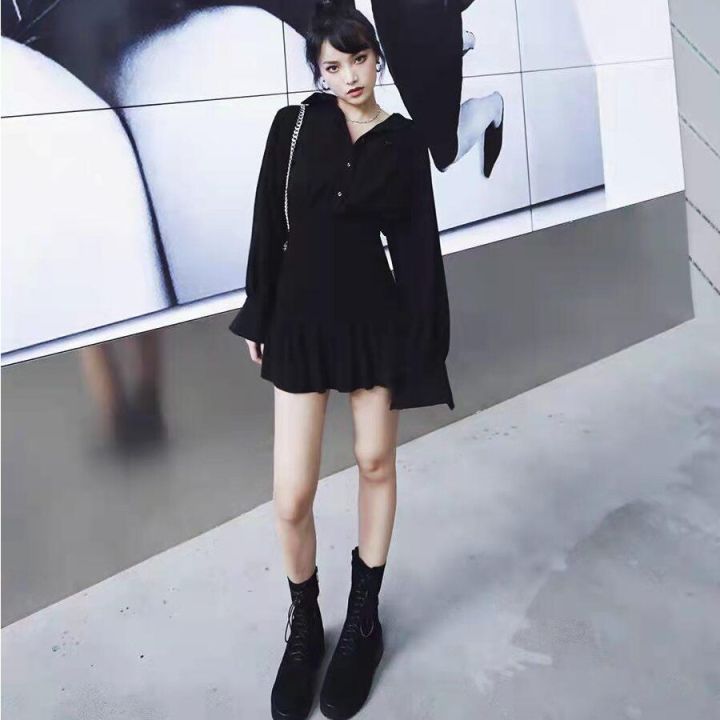 s-4xl-ชุดสีดำผู้หญิงชิคเรียบง่ายเอวลอยเข้ารูปปาร์ตี้-ol-เสื้อผ้าประจำวัน-sp-ชุดสตรีทแวร์แขนยาวสไตล์เรียบง่ายเกาหลี