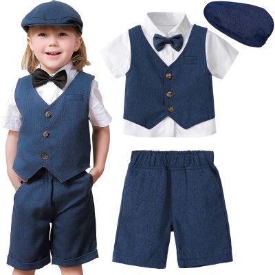 Baby Boy Clothes With Hat Toddler Wedding Suit Set Infant Birthday Party Baptism Outfit Gentleman Formal Short Sleeved 4PCS