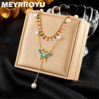 Meyroyu Kalung Hewan จี้มุกเทียมผีเสื้อหลายชั้นทำจากสเตนเลสสีสัน316L สำหรับผู้หญิงงานแต่งงานงานเลี้ยงยิว