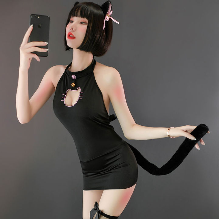 women-cat-uniform-cosplay-sexy-lingerie-lolita-sheath-dress-cut-out-front-lovely-kitty-ears-cute-kitten-role-play-erotic-costume