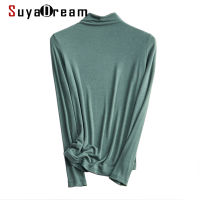 SuyaDream Women Bottoming T Shirt Wool Viscose Blend Long Sleeves Solid Basic Shirt Mock Neck 2021 Autumn Winter Top