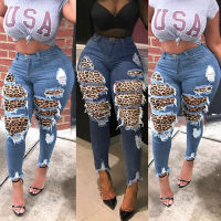 【CW】S-XXXL New Four seasons ladies high waist ripped leopard print slim jeans trousers pencil pants Leggings fashion womens jeans F4