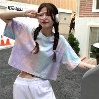 Dodos เสื้อครอปเอวสูงสำหรับเด็กผู้หญิง2023แขนสั้นย้อมสีเชือกรองเท้าลายฤดูร้อนผู้หญิง,เสื้อครอป