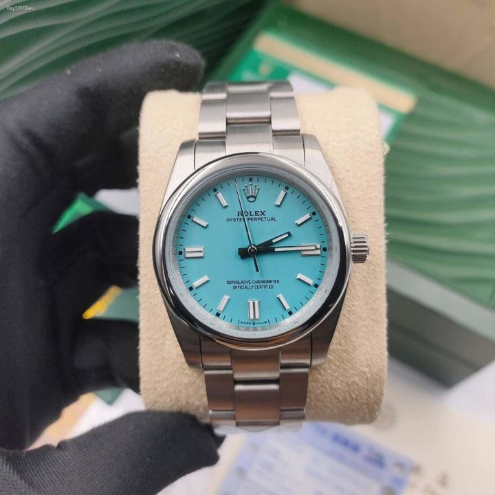 นาฬิกาข้อมือ-rolex-perpetual-op-pastle-pink-amp-tiffany-blue-36mm-ขนาด-36-mm-กระจกแซไฟร์-100-สแตนเลส-904l-กันน้ำได้-งาน-cc-รอง-top