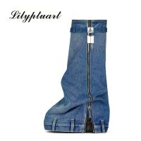 ◊ 2023 Fashionable New Thick Bottom Denim Boots Skirt Shark Round Head Women 39;s Boots Luxury Large Long Belt Buckle Women 39;s Shoes