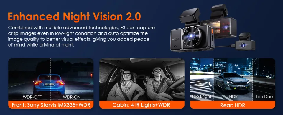 Vantrue E3 3 Channel 2.7K WiFi Dash Cam Front and Rear Inside, 3 Way Triple  GPS Dash Camera 1944P+1080P+1080P with STARVIS IR Night Vision, Voice