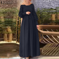 HijabFab ZANZEA Muslimah สตรีมุสลิมพัฟแขนยาว Maxi D Ress สายค๊อกเทลพรหมชุด Kaftans Abaya ชุดTH