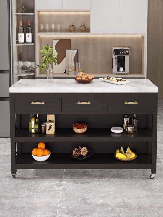 Marble island kitchen with open dining table and movable table, kitchen