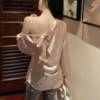 y Backless Bandage Womens Blouse Off-shoulder Skew Collar Pink Chiffon Shirt French Long Sleeve Slim Women Top Blusas 17086