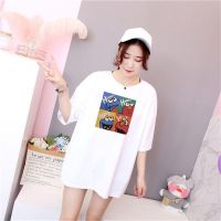 bloomylee【M-5XL40-150kg4Colors】Sesame Street Elmo Oversized Tee Womens Plus Size T-shirt Large Round Neck 34 Short Sleeves Big Loose Cartoon Printed Summer Tee Maternity Pregnancy Casual Top Fashion Big Size Medium-Long Length T-shirt Dres