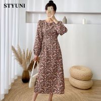 Korean dress female 2021 spring and autumn new fashion back strap waist square collar French retro mid-length floral dress