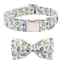 Green Dinosaur Cotton Fabric Dog Collar and Leash Set with Bow Tie for Big and Small Dog Metal Buckle Accessories