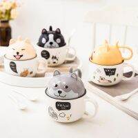 【High-end cups】350มิลลิลิตร Kawaii Shiba Inu แก้วน่ารักการ์ตูนเซรามิกแก้วที่มีฝาปิดและช้อนกาแฟนมชาแก้วอาหารเช้าถ้วย Drinkware ของขวัญ