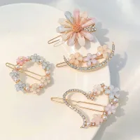 4pc/set Korean Style Jewelry Headwear Luxury Party Wedding Geometric Clip Crystal Flower Hairpin Rhinestone Flower Pearl Hairpin Side Clip