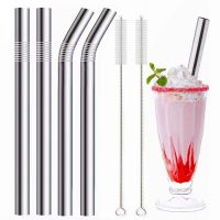 4Pcs Silver 12mm Reusable Metal Straws with 2 Brush 304 Stainless Steel Straws Set Bar Drinking Bent Straw