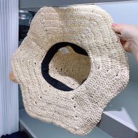 Fashion Handmade Papyrus Knitted Dome Big Bow Sun Hat Woman‘S Beach Vacation UPF50+ Big Brim Straw Hat Petal Shape