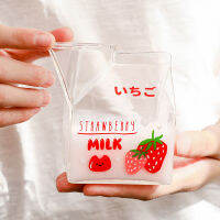 380ml Kawaii Square Milk Carton Glass Cup Cute Strawberry Creative Breakfast Cup For Home Portable Student Transparent Milk Cups