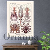 Haeckel Octopus Artwork,เหมาะสำหรับการตกแต่งธีมชายหาดและมหาสมุทร,การตกแต่งที่ได้รับแรงบันดาลใจจากชีวิตทางทะเล,ภาพวาดผ้าใบสไตล์วินเทจ0921